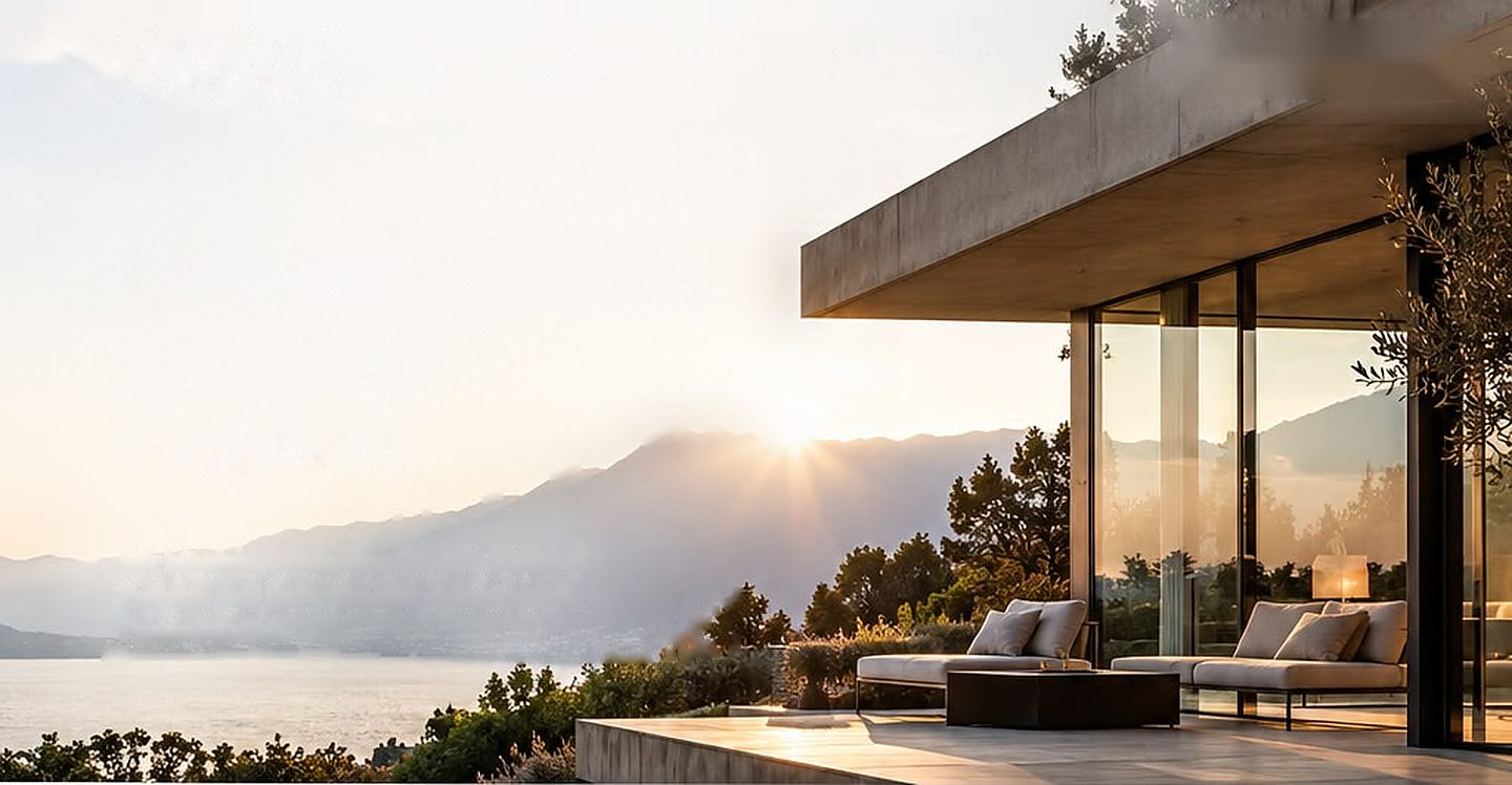Moderne Architektur mit Terrasse über einem See bei Sonnenuntergang